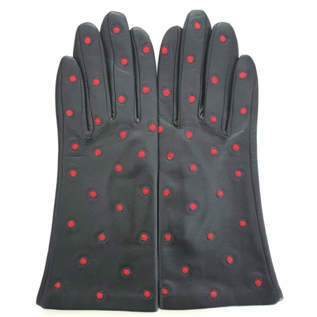 Gants en Cuir d'Agneau Noir Rouge Coccinelle Doublés Soie.
