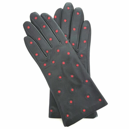 Gants en Cuir d'Agneau Noir Rouge Coccinelle Doublés Soie.