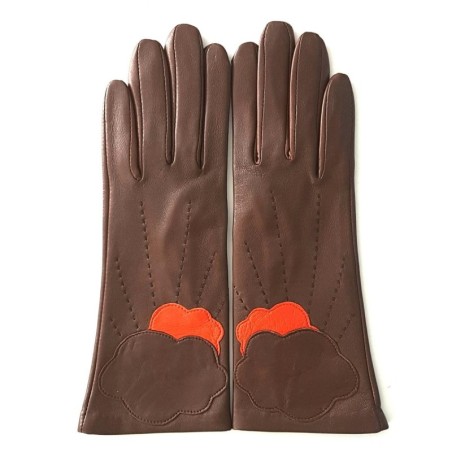 Gants en Cuir d'Agneau Marron Orange Nuage Doublés Soie.