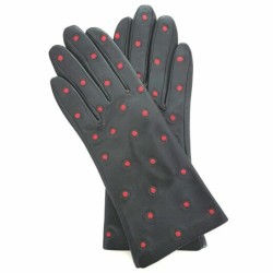 Gants en Cuir d'Agneau Noir Rouge Coccinelle Doublés Soie.