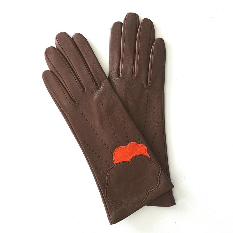 Gants en Cuir d'Agneau Marron Orange Nuage Doublés Soie.