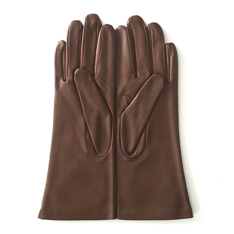 Gants en Cuir d'Agneau Marron Orange Nuage Doublés Soie.