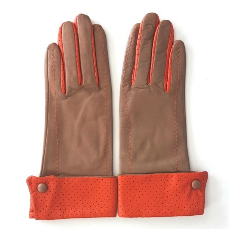 Gants en Cuir d'Agneau Sable Orange Platon Doublés Soie.