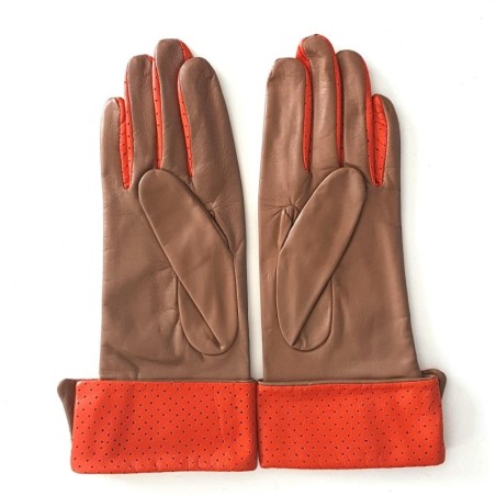 Gants en Cuir d'Agneau Sable Orange Platon Doublés Soie.