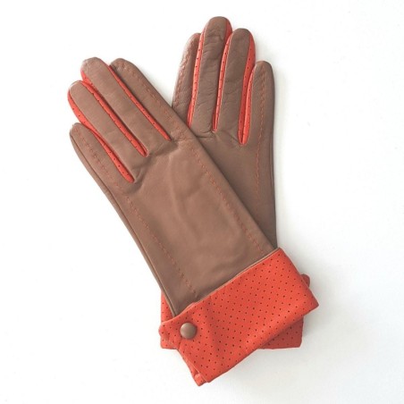 Gants en Cuir d'Agneau Sable Orange Platon Doublés Soie.
