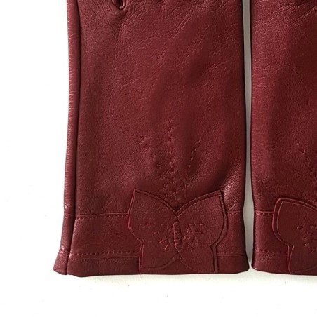 Gants en Cuir d'Agneau Bordeaux Papillon Doublés Soie.
