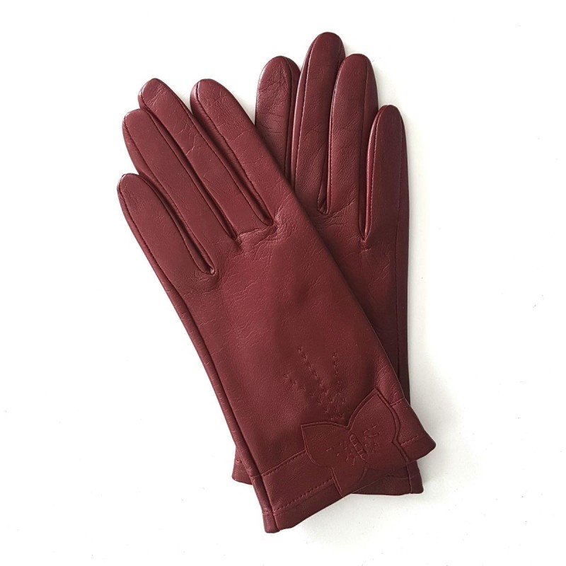 Gants en Cuir d'Agneau Bordeaux Papillon Doublés Soie.