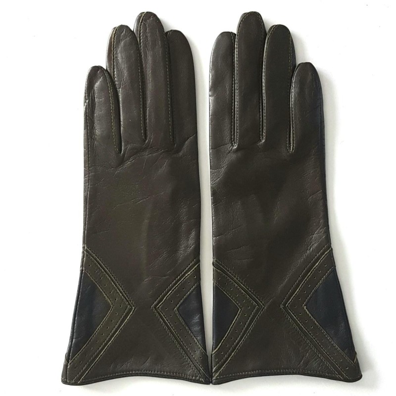 Gants en Cuir d'Agneau Kaki Noir Isocèle Doublés Soie.