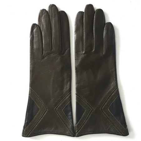 Gants en Cuir d'Agneau Kaki Noir Isocèle Doublés Soie.