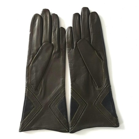 Gants en Cuir d'Agneau Kaki Noir Isocèle Doublés Soie.