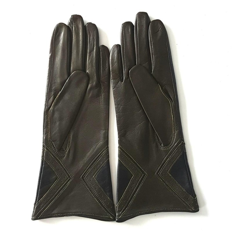 Gants en Cuir d'Agneau Kaki Noir Isocèle Doublés Soie.