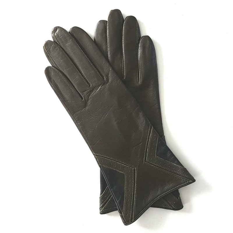 Gants en Cuir d'Agneau Kaki Noir Isocèle Doublés Soie.