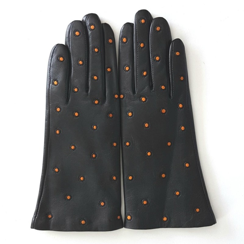 Gants en Cuir d'Agneau Noir Maize Coccinelle Doublés Soie.