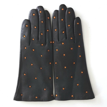 Gants en Cuir d'Agneau Noir Maize Coccinelle Doublés Soie.