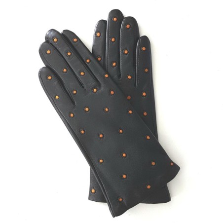 Gants en Cuir d'Agneau Noir Maize Coccinelle Doublés Soie.