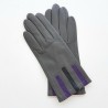 Leather gloves of lamb charcoal black and améthyst "TRIO"