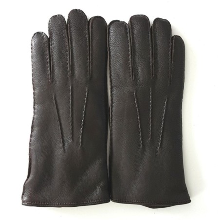 Gants en Cuir de Cerf  Marron Serge Doublure Agneau Lainé.