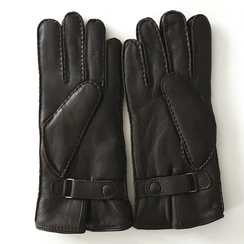 Gants en Cuir de Cerf  Marron Serge Doublure Agneau Lainé.