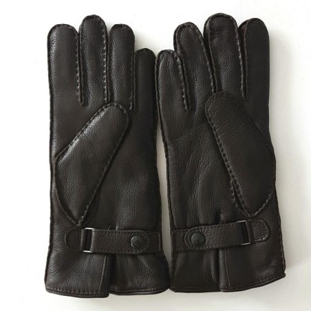 Gants en Cuir de Cerf  Marron Serge Doublure Agneau Lainé.