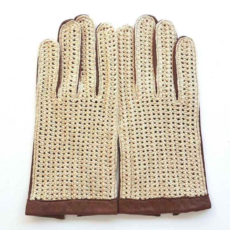 Gants en Cuir d'Agneau Crochet Coton Cognac Beige Louis Non doublés.