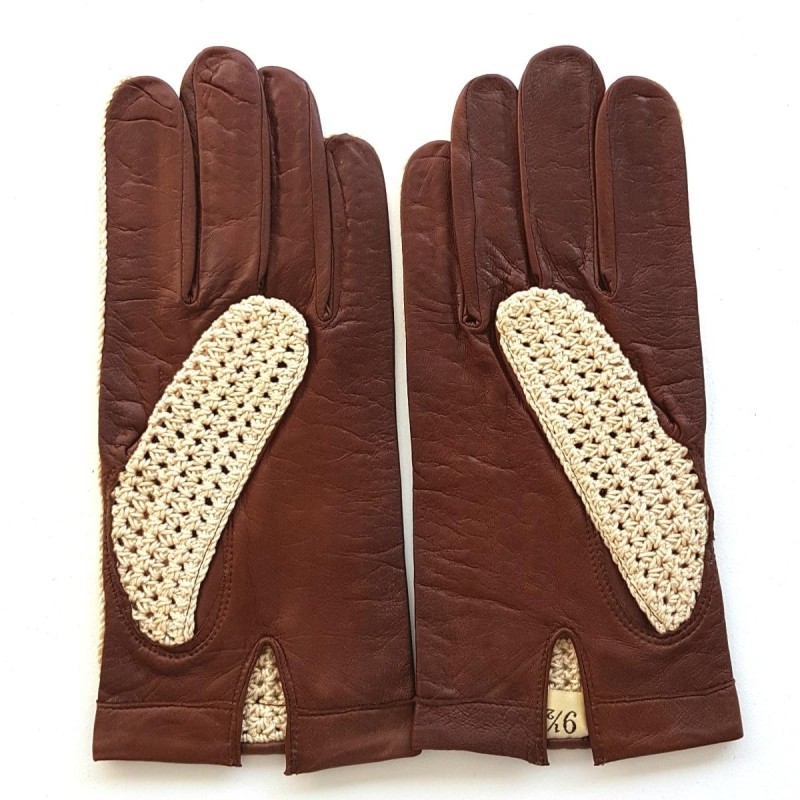 Gants en Cuir d'Agneau Crochet Coton Cognac Beige Louis Non doublés.