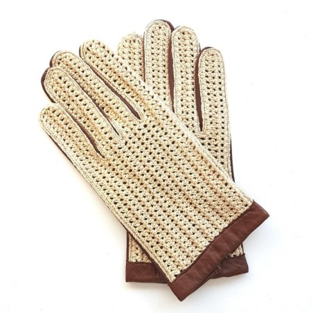 Gants en Cuir d'Agneau Crochet Coton Cognac Beige Louis Non doublés.