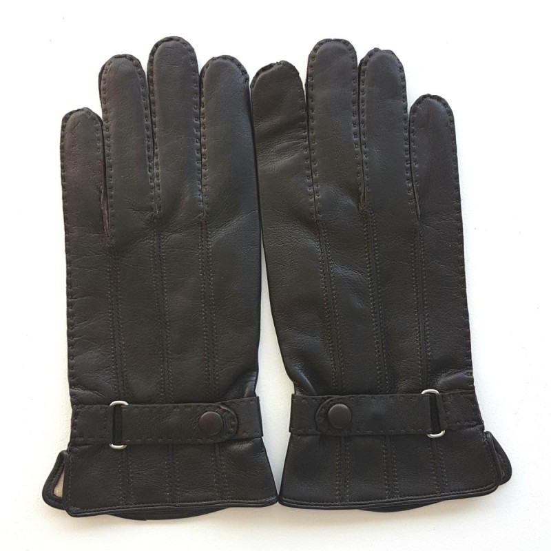 Gants en Cuir d'Agneau Marron Basile Doublure Soie.