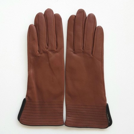 Gants en Cuir d'Agneau Cognac Noir Fénelon Doublés Soie.