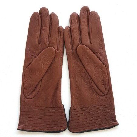 Gants en Cuir d'Agneau Cognac Noir Fénelon Doublés Soie.