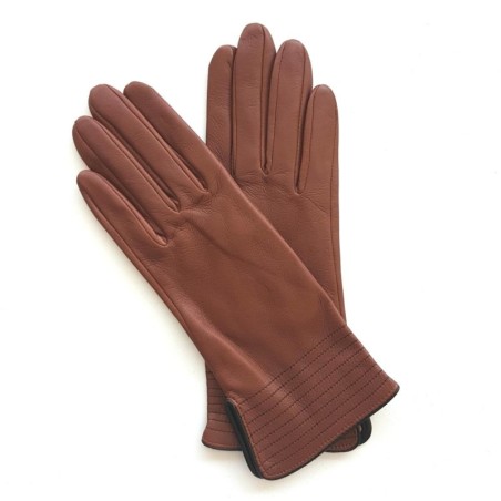 Gants en Cuir d'Agneau Cognac Noir Fénelon Doublés Soie.