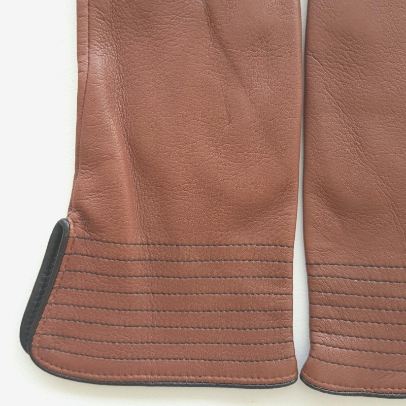 Gants en Cuir d'Agneau Cognac Noir Fénelon Doublés Soie.