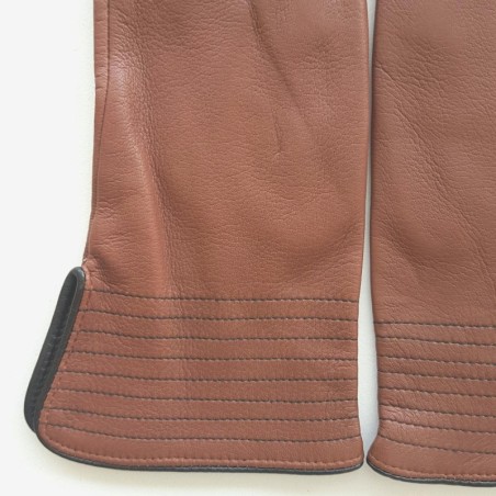 Gants en Cuir d'Agneau Cognac Noir Fénelon Doublés Soie.
