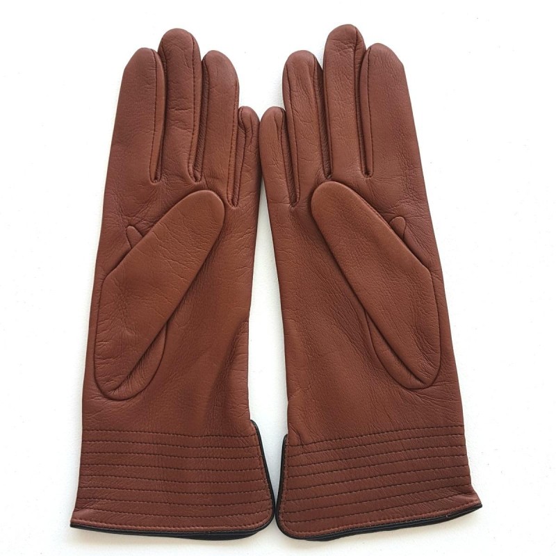 Gants en Cuir d'Agneau Cognac Noir Fénelon Doublés Soie.