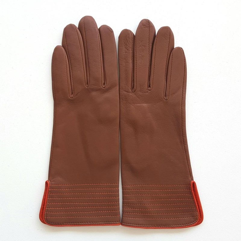 Gants en Cuir d'Agneau Cognac Orange Fénelon Doublés Soie.