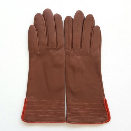 Gants en Cuir d'Agneau Cognac Orange Fénelon Doublés Soie.