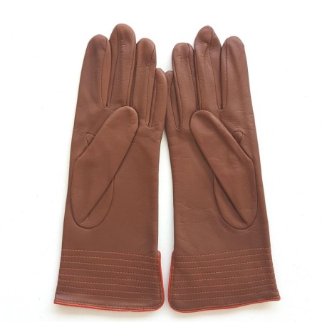 Gants en Cuir d'Agneau Cognac Orange Fénelon Doublés Soie.