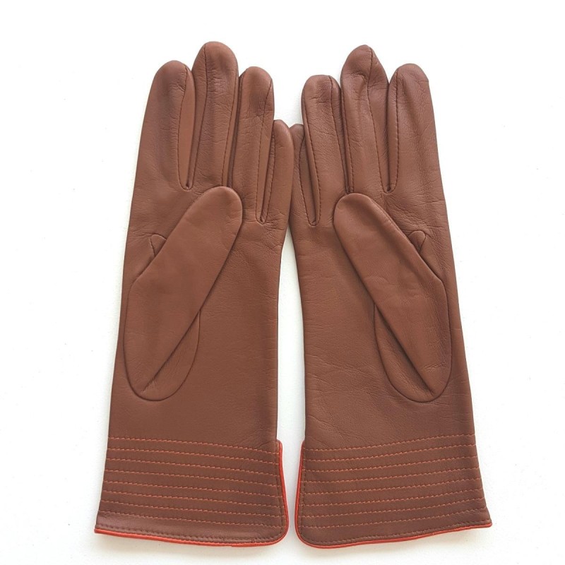 Gants en Cuir d'Agneau Cognac Orange Fénelon Doublés Soie.