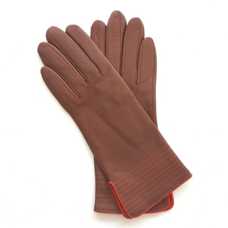 Gants en Cuir d'Agneau Cognac Orange Fénelon Doublés Soie.