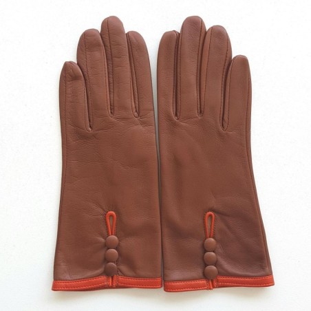 Gants en Cuir d'Agneau Cognac Orange Margueritte Doublés Soie.