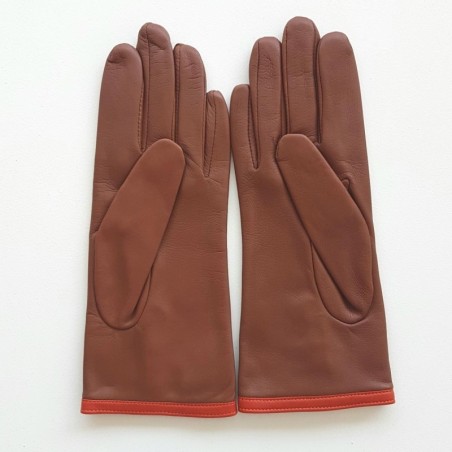 Gants en Cuir d'Agneau Cognac Orange Margueritte Doublés Soie.