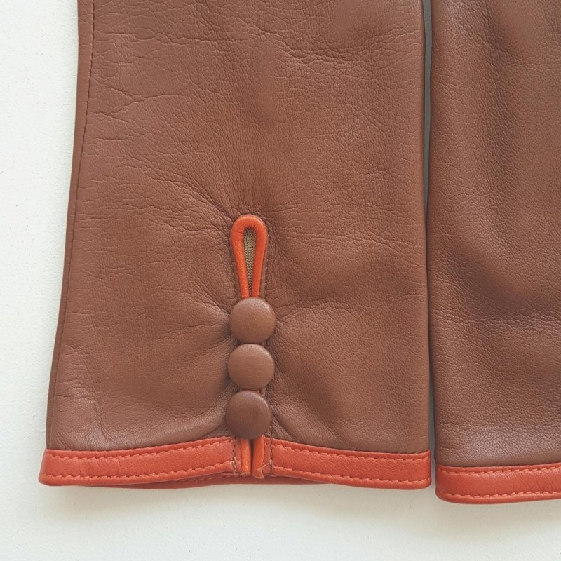 Gants en Cuir d'Agneau Cognac Orange Margueritte Doublés Soie.