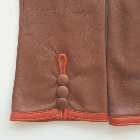Gants en Cuir d'Agneau Cognac Orange Margueritte Doublés Soie.