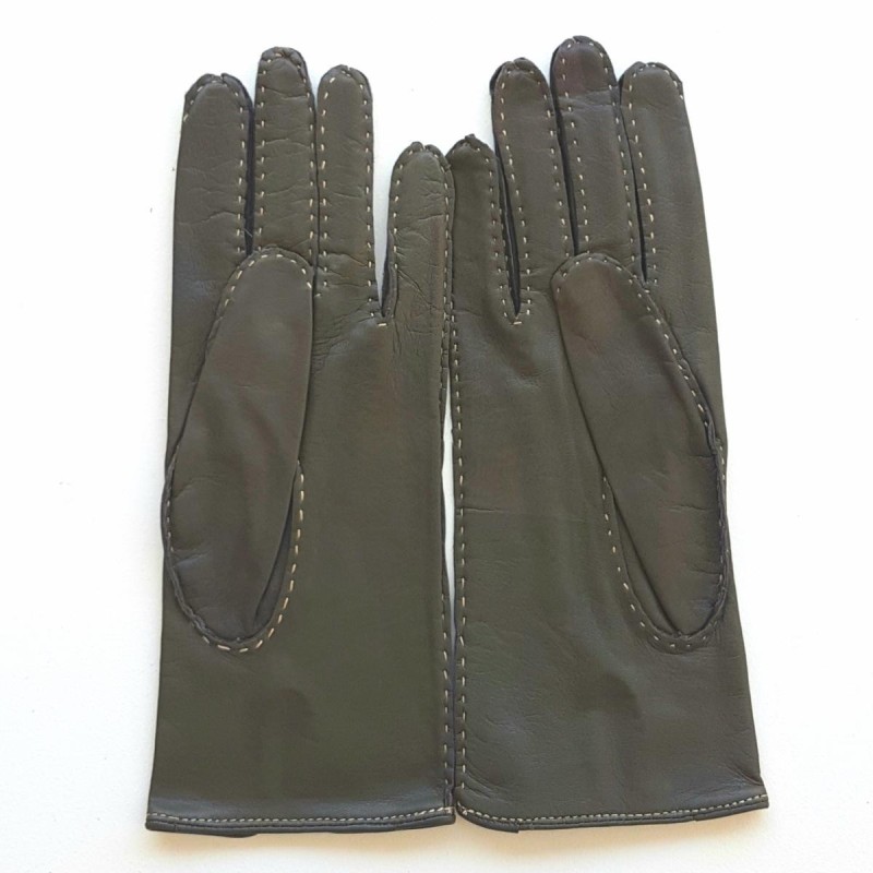 Gants en Cuir d'Agneau Gris Ecru Gisèle Doublés Soie.