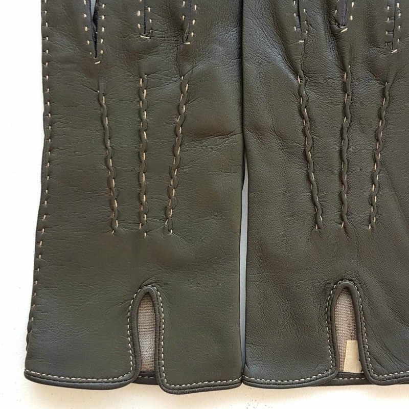 Gants en Cuir d'Agneau Gris Ecru Gisèle Doublés Soie.