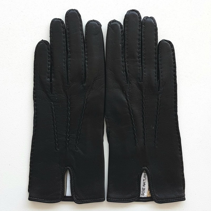 Gants en Cuir d'Agneau Noirs Gisèle Doublés Soie.