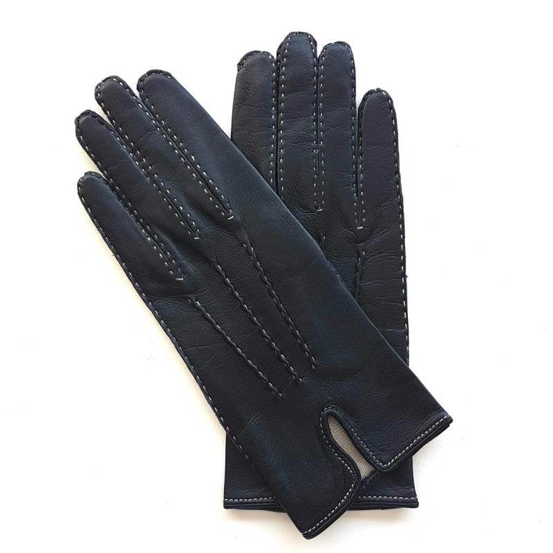Gants en Cuir d'Agneau Navy Ecru Gisèle Doublés Soie.