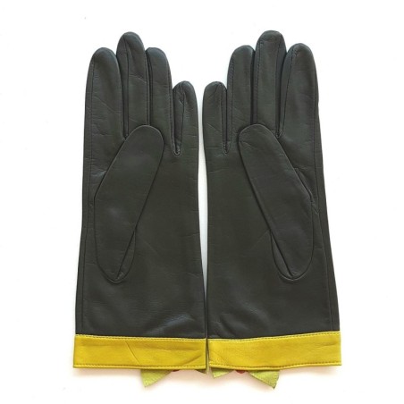 Gants en Cuir d'Agneau Kaki Orange Vert Anis Mirablis Doublés Soie.