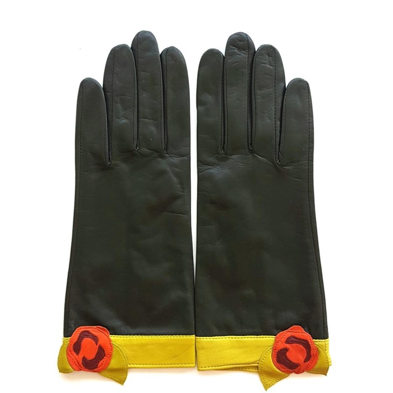 Gants en Cuir d'Agneau Kaki Orange Vert Anis Mirablis Doublés Soie.