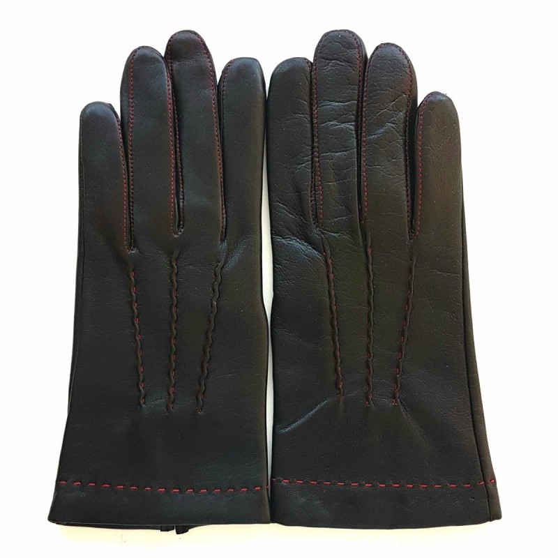 Gants en Cuir d'Agneau Noir Rouge Henri Doublure Soie.
