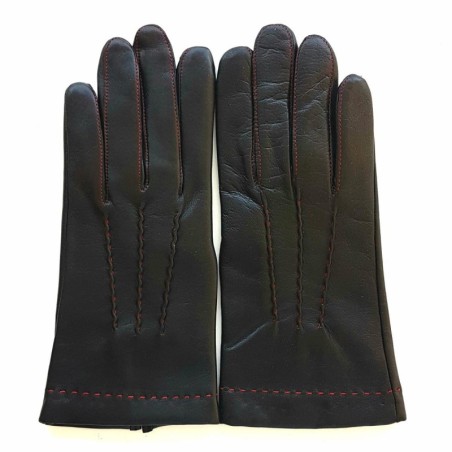 Gants en Cuir d'Agneau Noir Rouge Henri Doublure Soie.